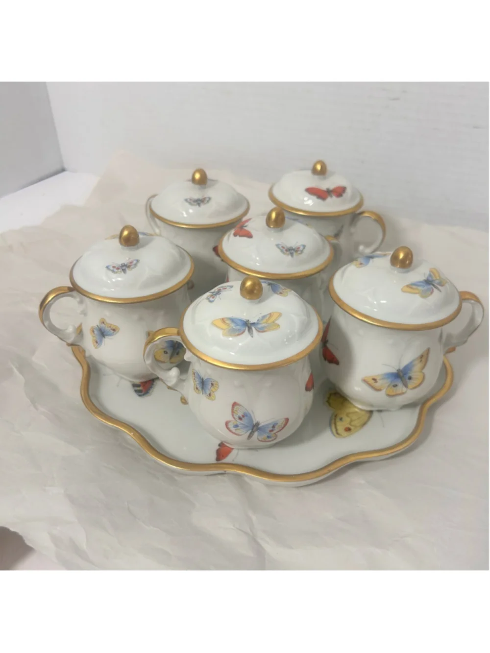 Limoges France Butterfly Porcelain Pots de Creme with Tray